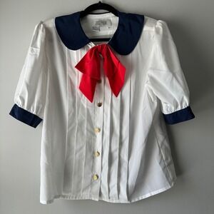 Vintage Josephine Blouse 14 White Navy Red Nautical Bow Coin Button 80s Cosplay